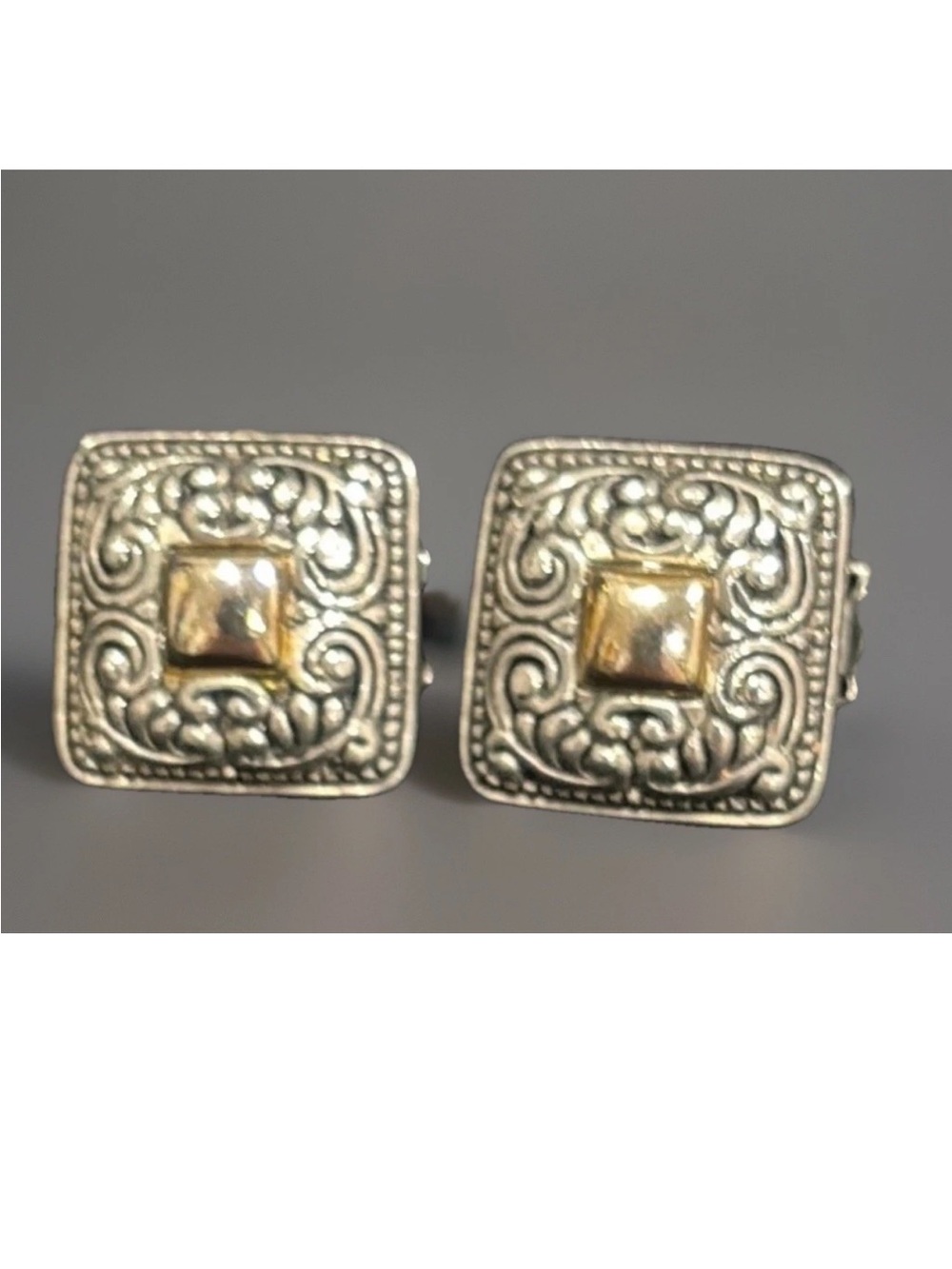Vintage Ribbed Gold Washer Cabochon Antiqued Silver Plated Square Clip Earrings